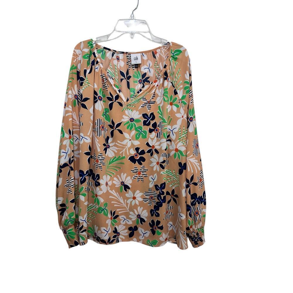 CAbi #6296 Island Tropical Floral Smocked Sleeve Split Neck Blouse Top Size L - Picture 2 of 7